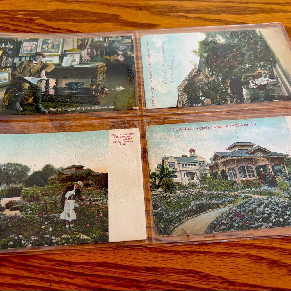 8 Vintage postcards of Paul de Longpre at his Hollywood home and Gardens.